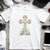 Elegant Cross Design with Floral Motifs A simple white cross with floral motifs and detailed engravings on a transparent background.