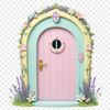 A small, intricately designed fairy door with a transparent background, suitable for print or digital use.