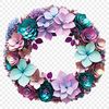 A floral wreath made from intertwined flowers and greenery on a transparent background.
