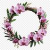 A floral wreath made up of various flowers in a circular shape.