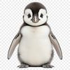 A small, adorable baby penguin standing on a rocky shore, looking up with curious eyes.