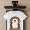 A whimsical illustration of a small fairy door with intricate details, set against a transparent background.