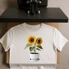 A single tall sunflower in a ceramic flower pot on a white background.