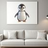 A small, endearing penguin chick standing on the ground, with a clear background.