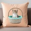 A transparent PNG image of a kitten sitting in a wicker basket with a clear background.