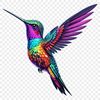 A colorful hummingbird in mid-flight, against a clear transparent background.
