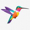 A colorful hummingbird in flight, with its iridescent feathers visible against a clear background.