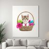 A high-resolution cartoon-style kitten surrounded by a clear background, set inside a decorative basket.