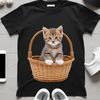 A high-resolution png image of a kitten sitting in a wicker basket.