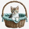 A whimsical kitten peeking out from behind a colorful basket with a clear background.