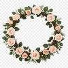 A floral wreath made with various flowers and greenery on a clear background.