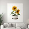 Bright Yellow Sunflower in White Pot A large, bright yellow sunflower in a simple white flower pot on a clear background.