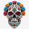 A transparent PNG image of a stylized skull with a floral patterned background.