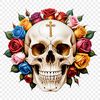 A detailed illustration of a skull with a floral pattern.