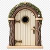 Whimsical Fairy Door Illustration A whimsical illustration of a small door with intricate details, set against a clear background.