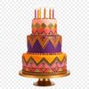 A layered, multi-colored birthday cake with candles lit.