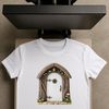 A small wooden fairy door with intricate details and a clear background, suitable for high-resolution printing.