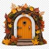 A small wooden door with intricate details, set against a transparent background.