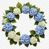 A floral wreath made up of various flowers and greenery, suitable for DIY projects such as invitations and signs.