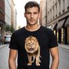 Regal Savannah King A large lion with golden fur and a majestic mane stands proudly in the savannah.