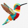 A colorful hummingbird in mid-air, with its iridescent feathers visible against a clear background.