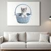 Transparent graphic illustration of a kitten comfortably placed inside a wicker basket with clear background.
