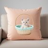 A cute kitten sitting in a woven basket on a clear background, suitable for sublimation and high-resolution printing.