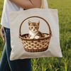 A colorful kitten sitting in a wicker basket with a clear background.