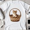 A transparent PNG image of a kitten sitting in a woven basket.