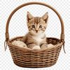 A kitten sitting in a colorful basket on a clear background.