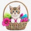 A kitten sitting in a woven basket on a clear background.