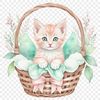 A high-resolution PNG image of a cute kitten sitting in a basket.