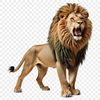 A large male lion with a shaggy mane standing in a savannah landscape.