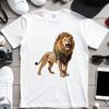 Large portrait of a majestic African lion with golden fur and regal expression.