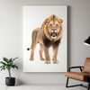 Golden Maned Lion Portrait A large, majestic lion with golden fur and a shaggy mane, standing on a clear background.