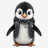 A small penguin chick standing on its feet, with a fluffy coat and big eyes.
