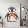 Fluffy Little Puffin Perched on Ice A small, fluffy penguin chick stands on a rocky shore, surrounded by ice and snow.