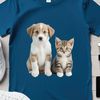 A digital illustration of a playful puppy and kitten sitting together, suitable for personal or commercial use.