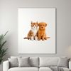 An illustration of a cute dog puppy next to a curious cat kitten in a transparent PNG format.