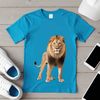 A large, majestic lion with a golden coat in a clear background.