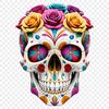 A clear transparent PNG image of a skull with a floral pattern in the background.