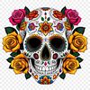 A clear PNG image of a skull with a simple floral pattern in the background.