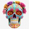 A transparent PNG image of a stylized skull with a clear background.