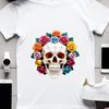 An illustration of a single skull in a simple floral style.