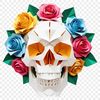 Close-up of a stylized skull with floral patterns and intricate details against a transparent background.