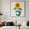 Simple White Planter A large, bright yellow sunflower with dark centers sits in a simple white flower pot.