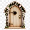 A transparent PNG image of a whimsical fairy door with a clear background, ideal for DIY projects or digital designs.