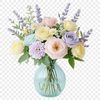 A bouquet of fresh flowers arranged in a decorative vase on a white background.