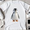 Adorable Penguin Chick on Snowy Background A young penguin chick standing on a snowy surface, with its distinctive yellow patch on its forehead.