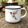 Colorful Bird with Iridescent Feathers A small, colorful hummingbird with long beak and iridescent feathers in flight.